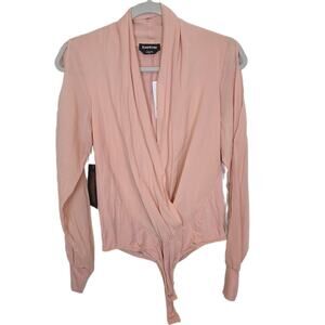 Bebe Bodysuit Women M Pink SIlk Surplice Fairy Feminine Romantic Cut Out Sleeve